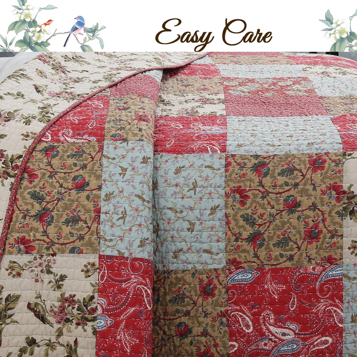 Adeline Floral 3-Peice Real Patchwork Cotton Reversible Quilt Bedding Set