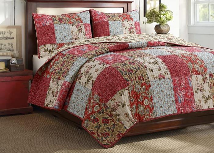 Adeline Floral 3-Peice Real Patchwork Cotton Reversible Quilt Bedding Set