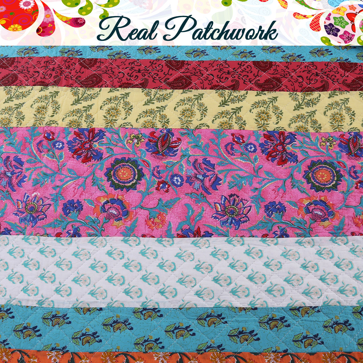 Vibrant Stripe Real Patchwork 3-Piece Cotton Reversible Quilt Bedding Set