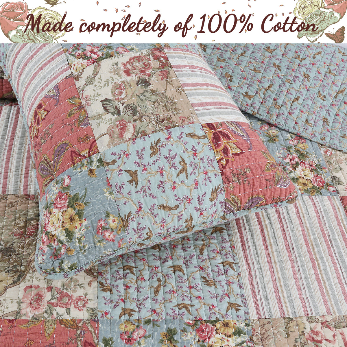 Eleanor Real Patchwork Floral Stripe 3-Piece Cotton Reversible Quilt Bedding Set