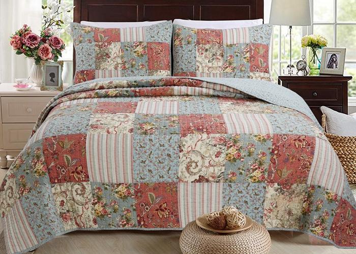 Eleanor Real Patchwork Floral Stripe 3-Piece Cotton Reversible Quilt Bedding Set