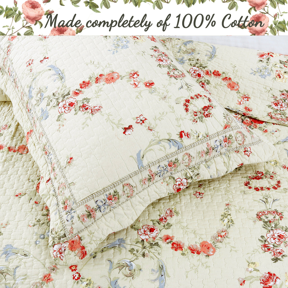 Rose Romance Floral Cotton Reversible Quilt Bedding Set