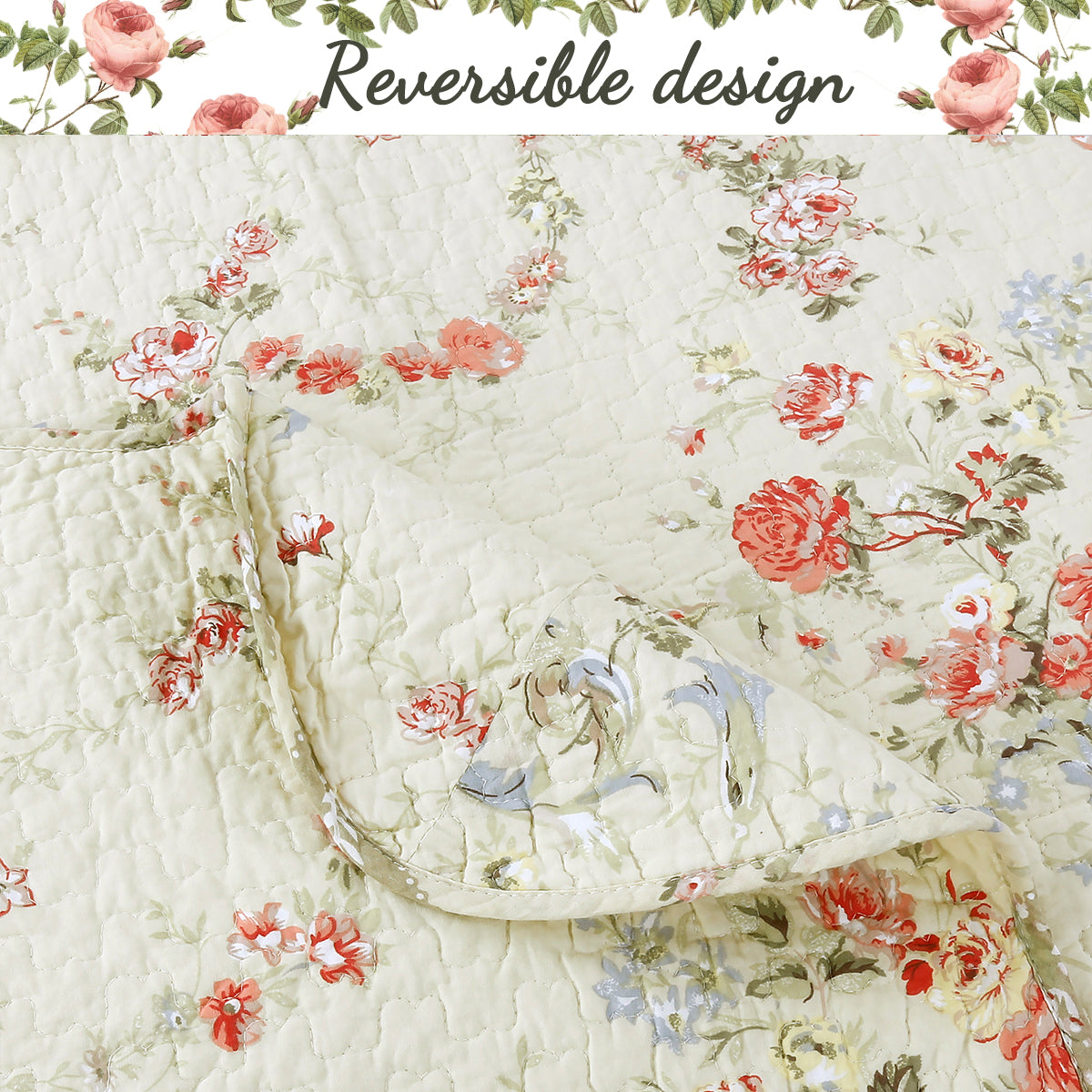 Rose Romance Floral Cotton Reversible Quilt Bedding Set