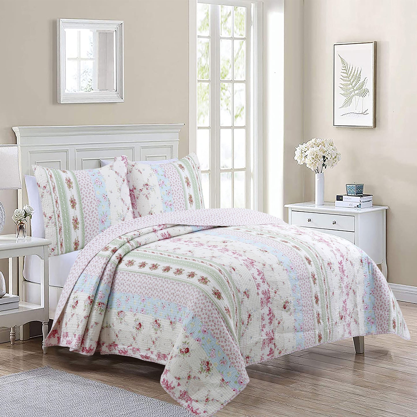 Wild Rose Enchantment Floral Bloom Garden Stripe Real Patchwork Reversible  Quilt Bedding Set