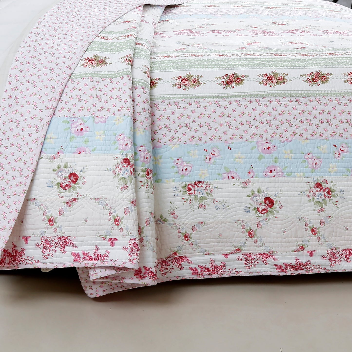 Wild Rose Enchantment Floral Bloom Garden Stripe Real Patchwork Reversible Quilt Bedding Set