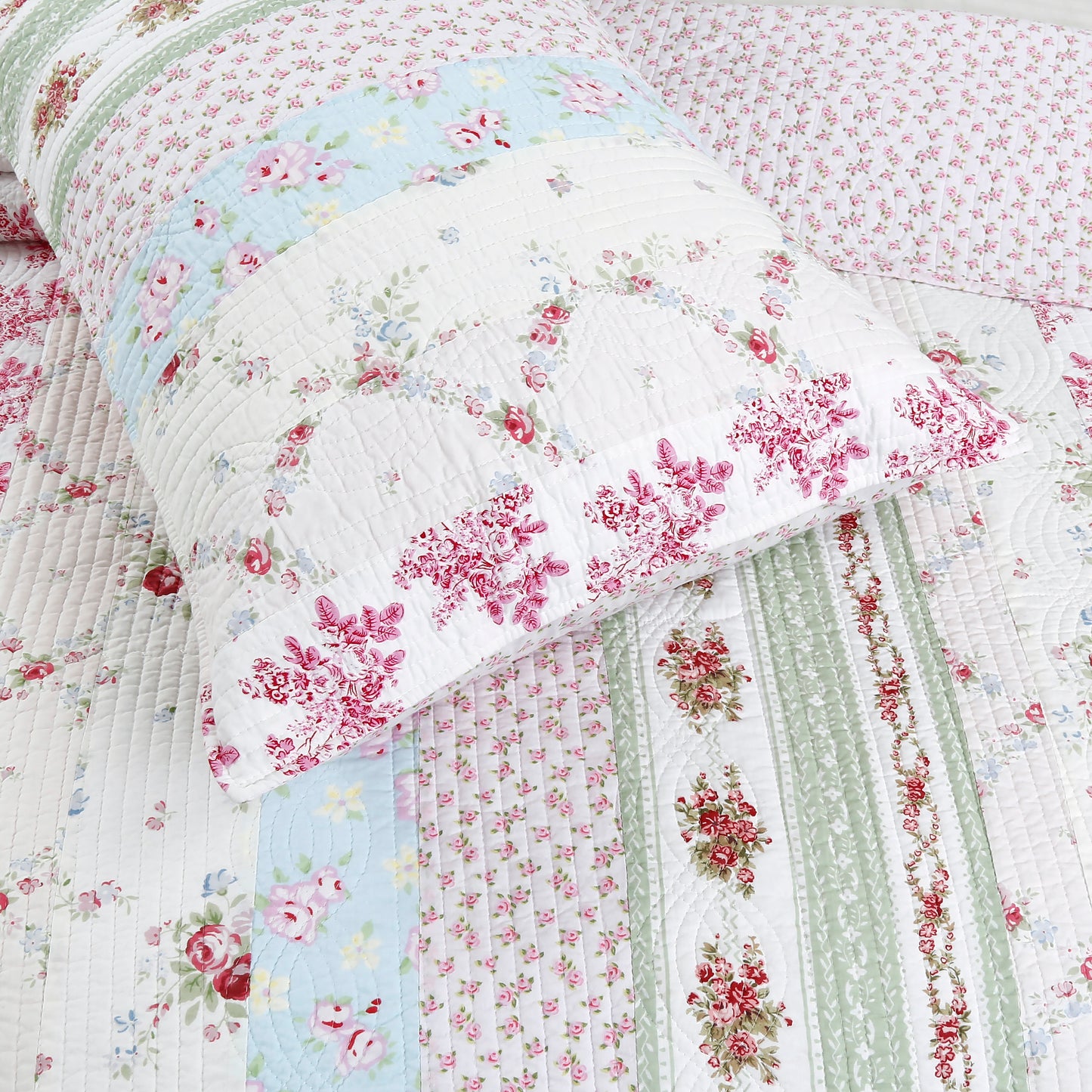 Wild Rose Enchantment Floral Bloom Garden Stripe Real Patchwork Reversible Quilt Bedding Set
