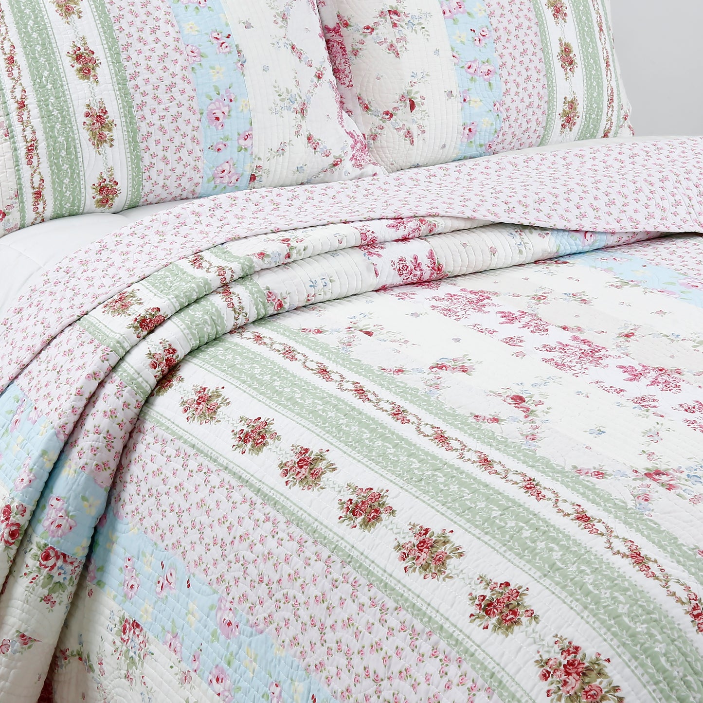 Wild Rose Enchantment Floral Bloom Garden Stripe Real Patchwork Reversible Quilt Bedding Set
