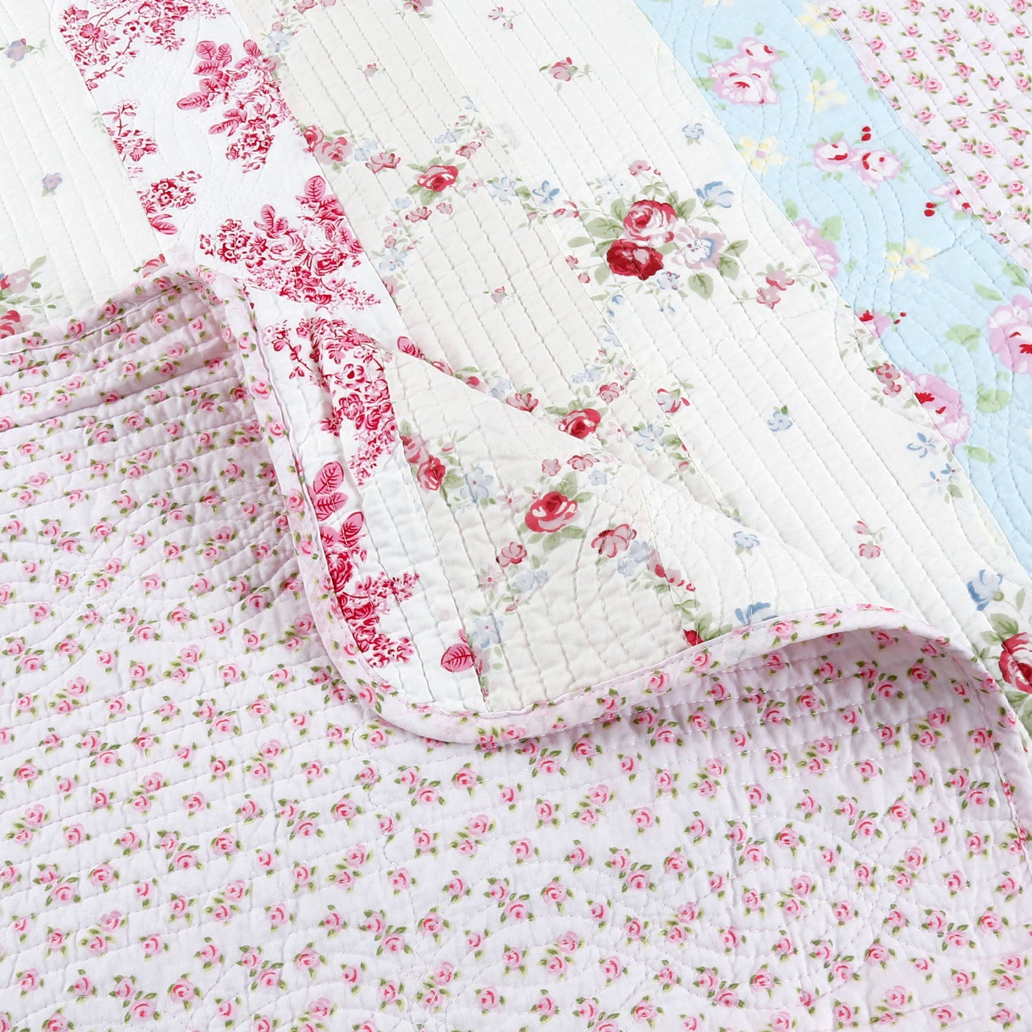 Wild Rose Enchantment Floral Bloom Garden Stripe Real Patchwork Reversible Quilt Bedding Set