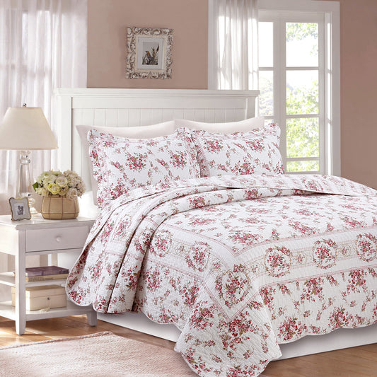 Shabby Chic Vintage Floral Rose Garden Scalloped Cotton Reversible Quilt Bedding Set