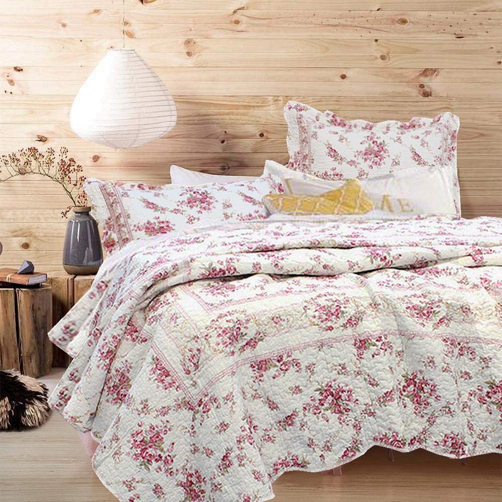 Shabby Chic Vintage Floral Rose Garden Scalloped Cotton Reversible Quilt Bedding Set