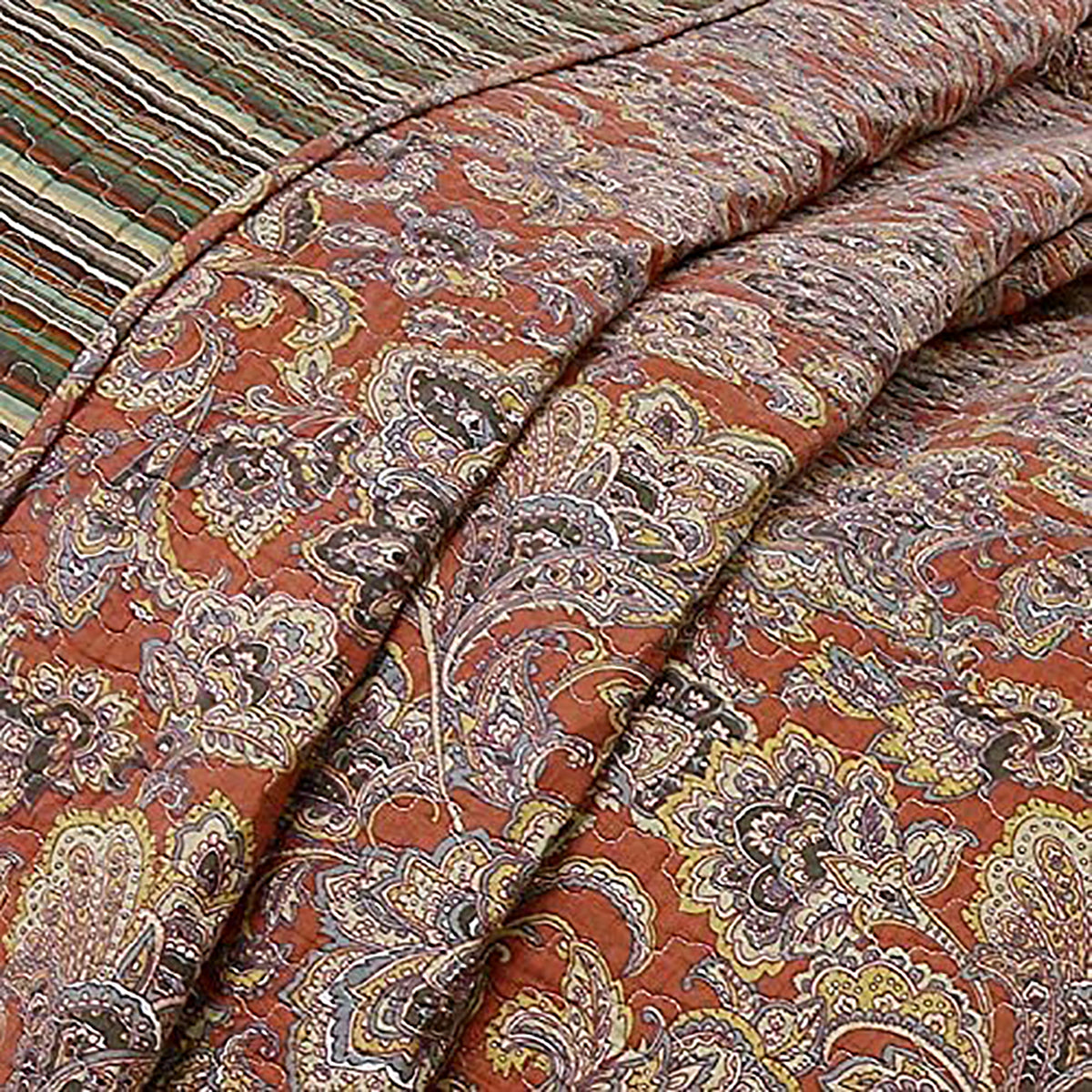 Lara Paisley Vintage Rustic Bronze Country Fall Floral Copper Cotton Reversible Quilt Bedding Set