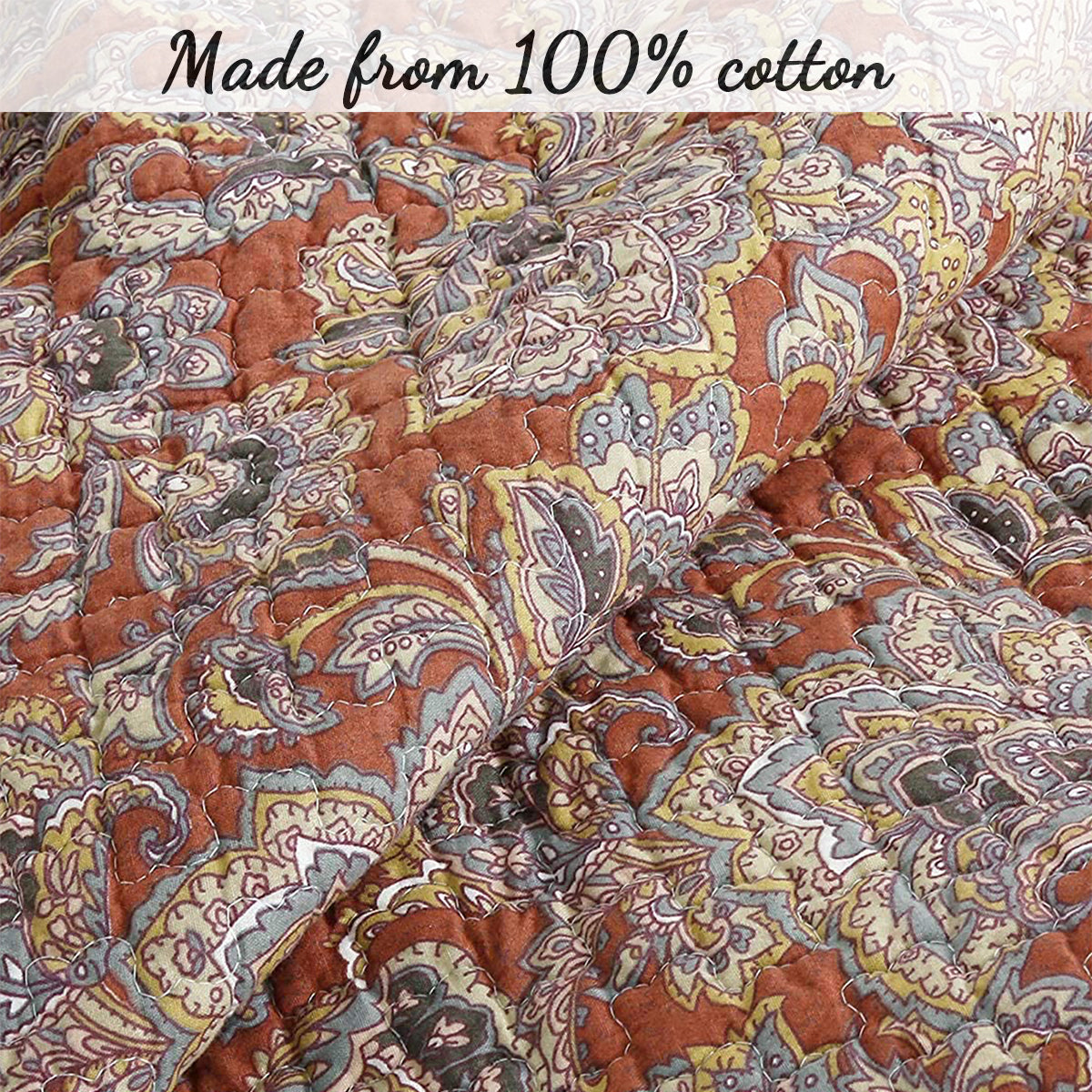 Lara Paisley Vintage Rustic Bronze Country Fall Floral Copper Cotton Reversible Quilt Bedding Set