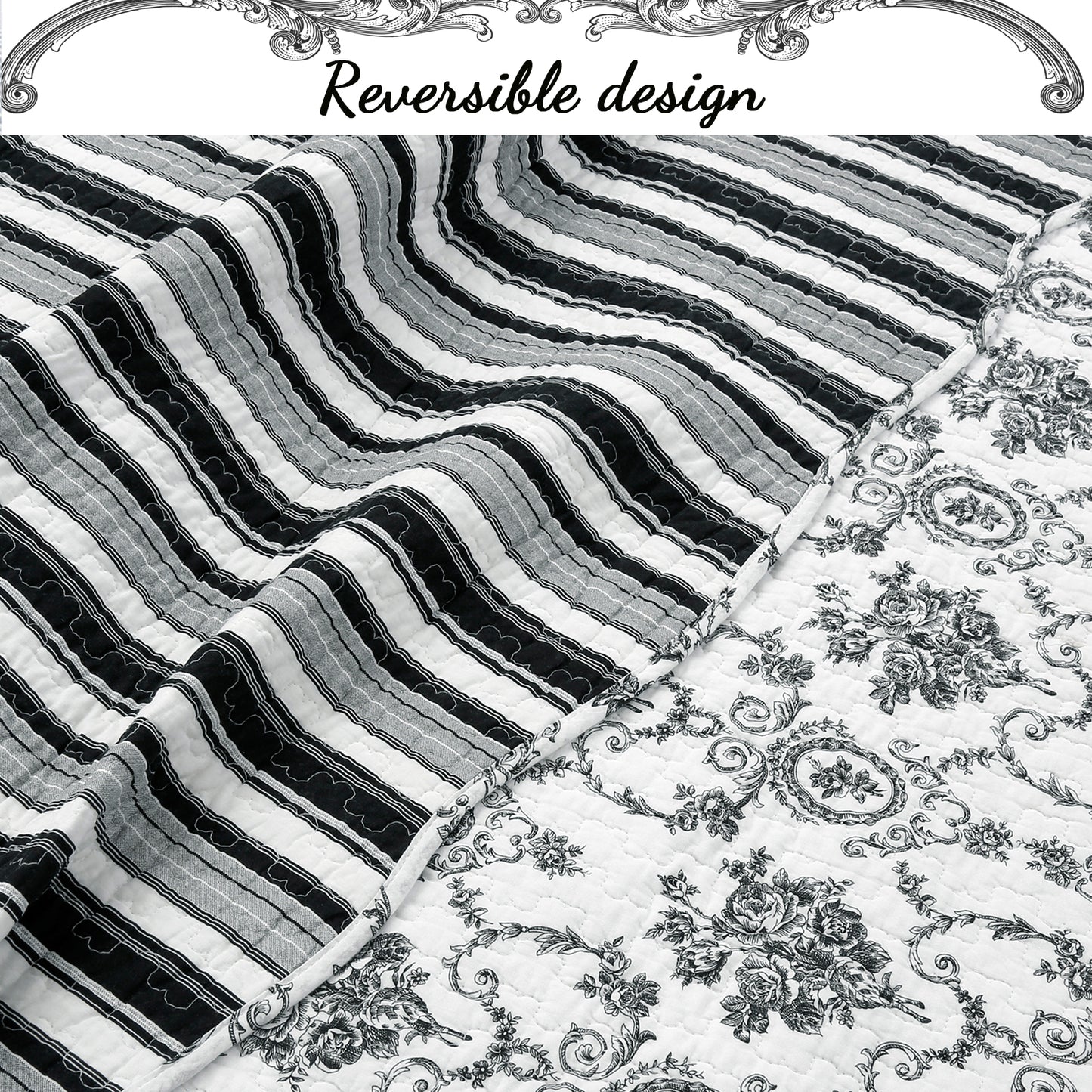 French Medallion Black Scalloped Edge Cotton 3-piece Reversible Quilt Bedding Set