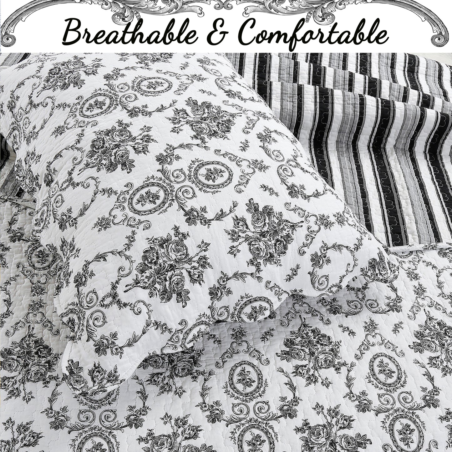 French Medallion Black Scalloped Edge Cotton 3-piece Reversible Quilt Bedding Set