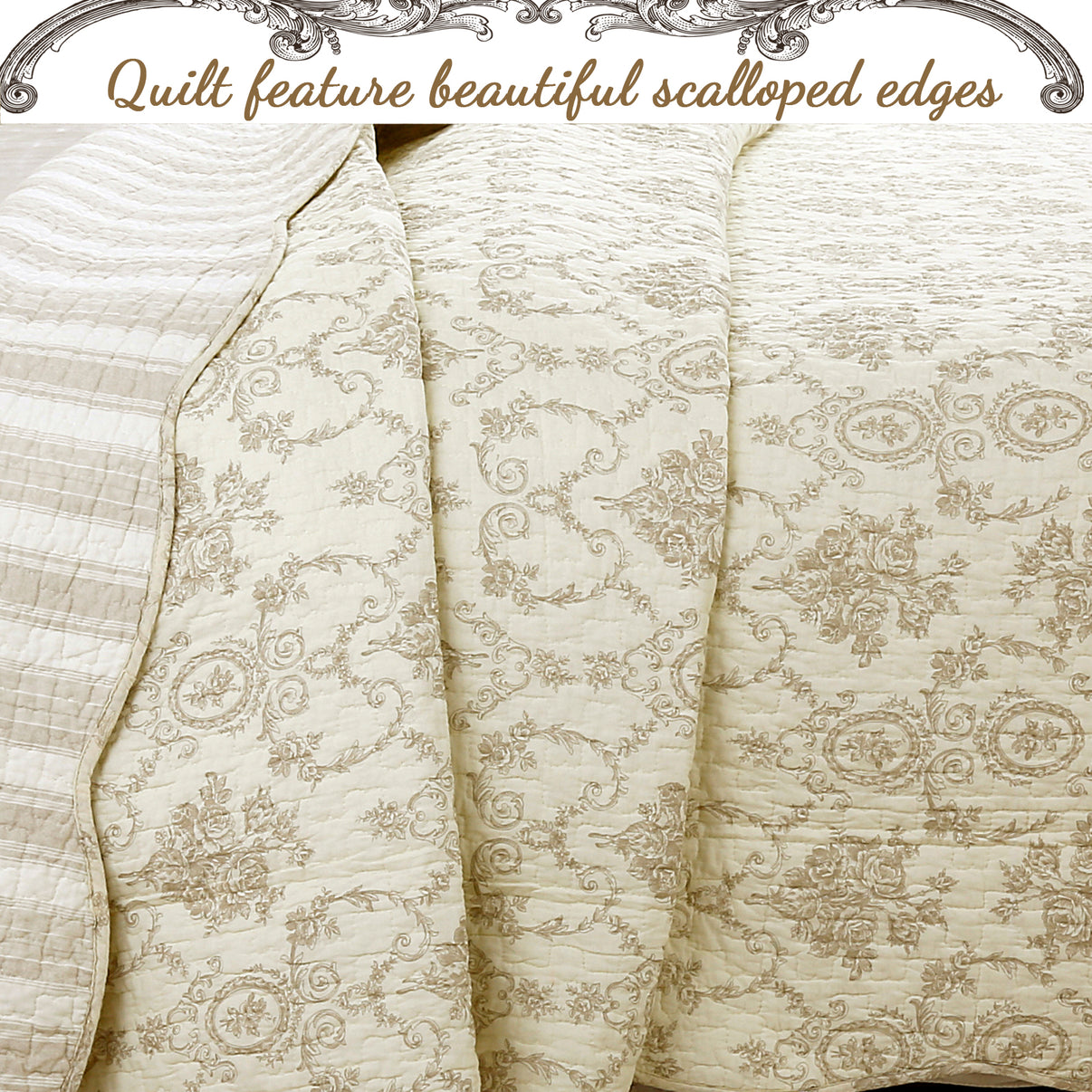 French Medallion Ivory Scalloped Edge Cotton 3 piece Reversible Quilt french-medallion-ivory-scalloped-edge-cotton-3-piece-reversible-quilt