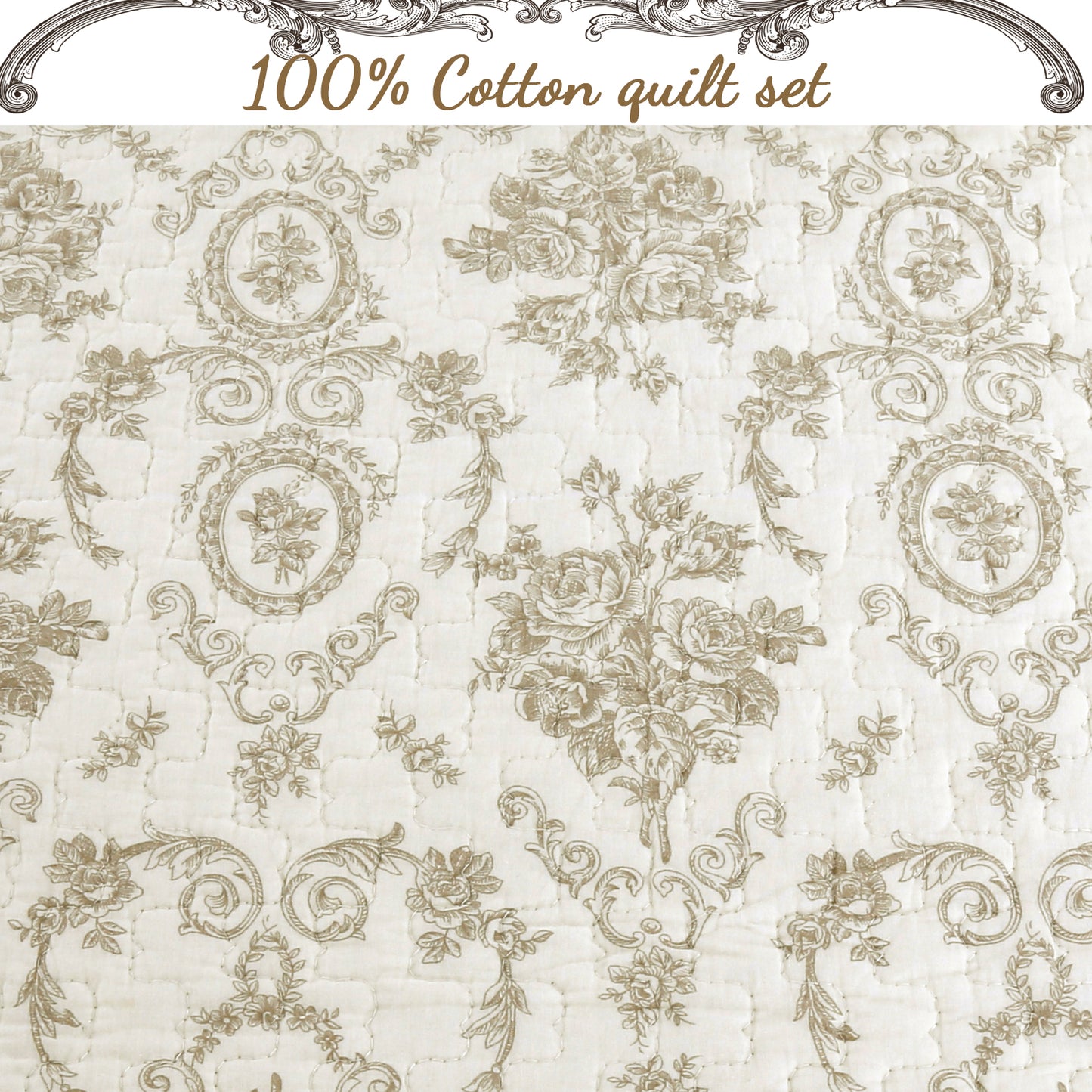 French Medallion Ivory Scalloped Edge Cotton 3-piece Reversible Quilt Bedding Set
