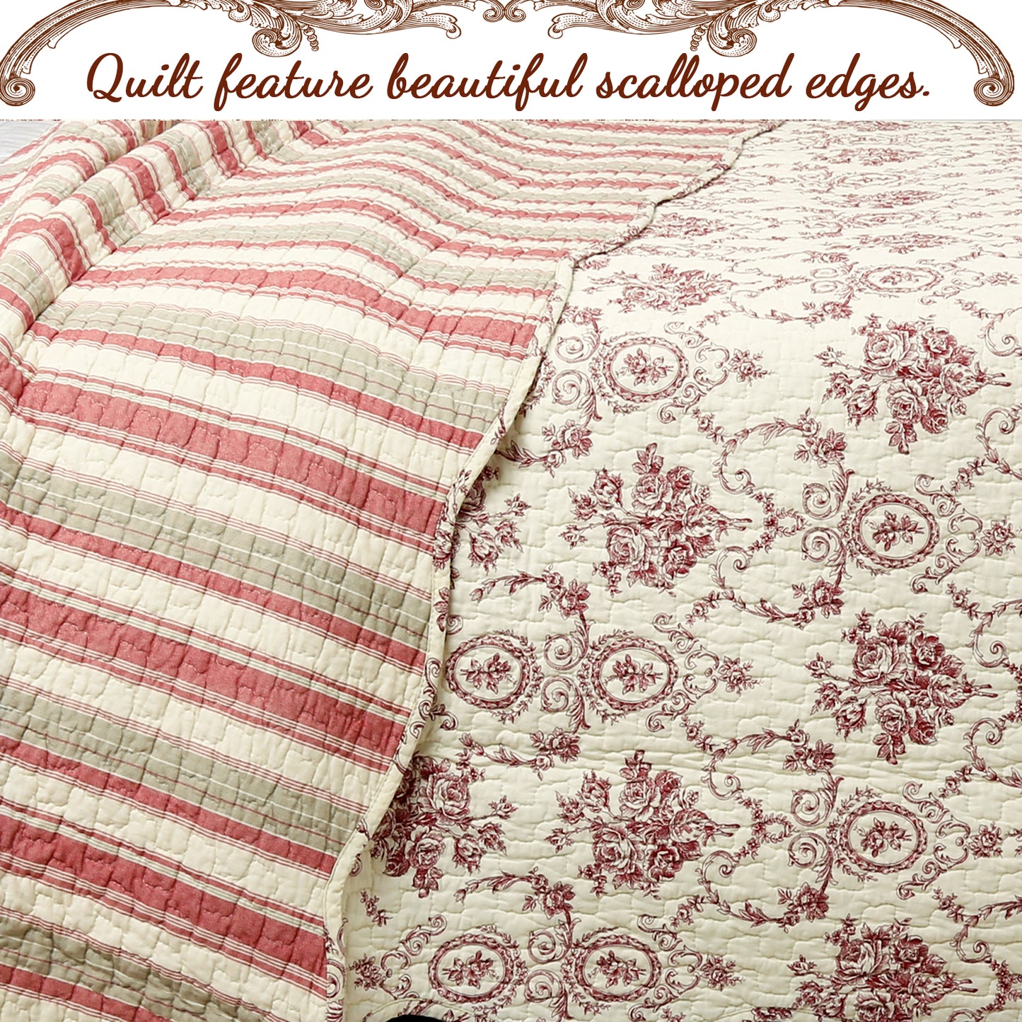 French Medallion Red Scalloped Edge Cotton 3-piece Reversible Quilt Bedding Set