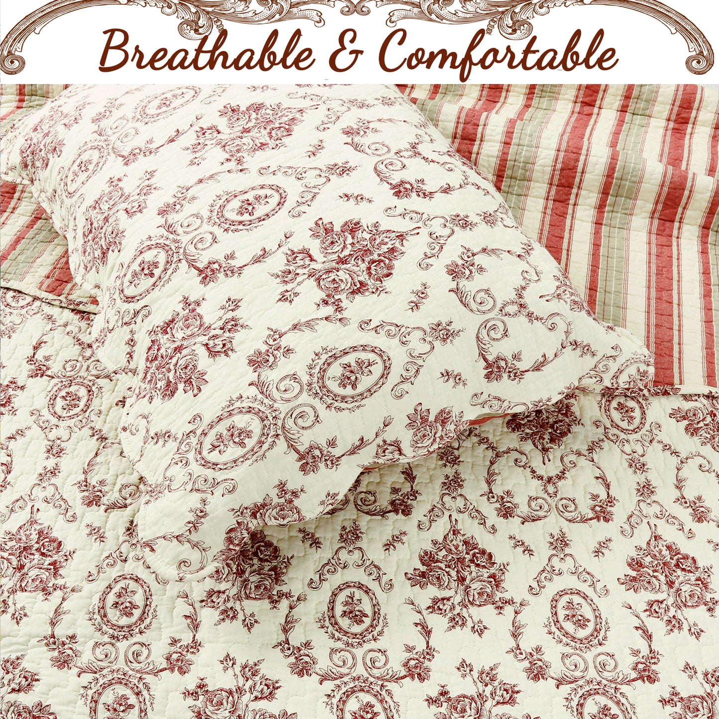 French Medallion Red Scalloped Edge Cotton 3-piece Reversible Quilt Bedding Set
