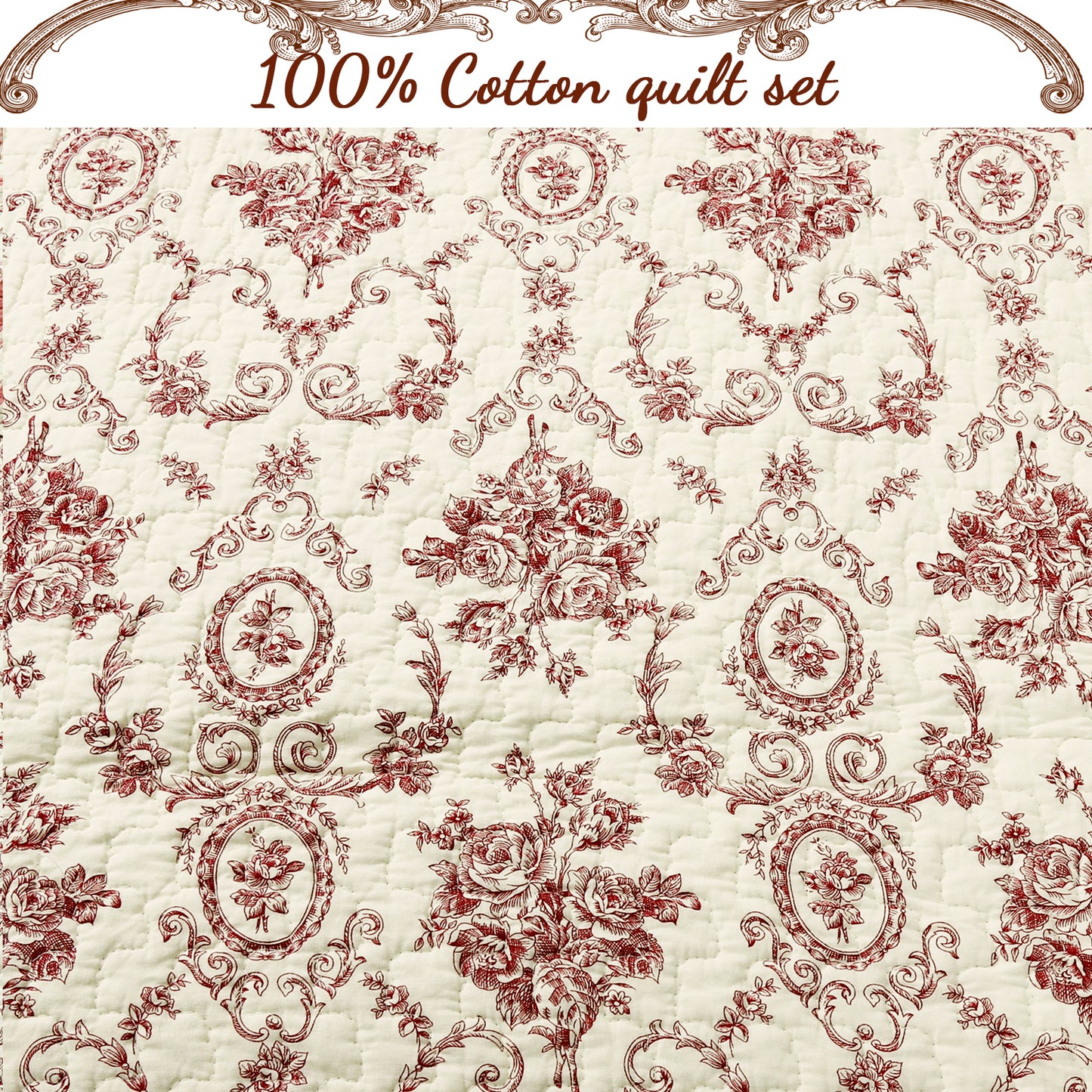 French Medallion Red Scalloped Edge Cotton 3-piece Reversible Quilt Bedding Set