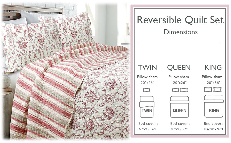French Medallion Red Scalloped Edge Cotton 3-piece Reversible Quilt Bedding Set