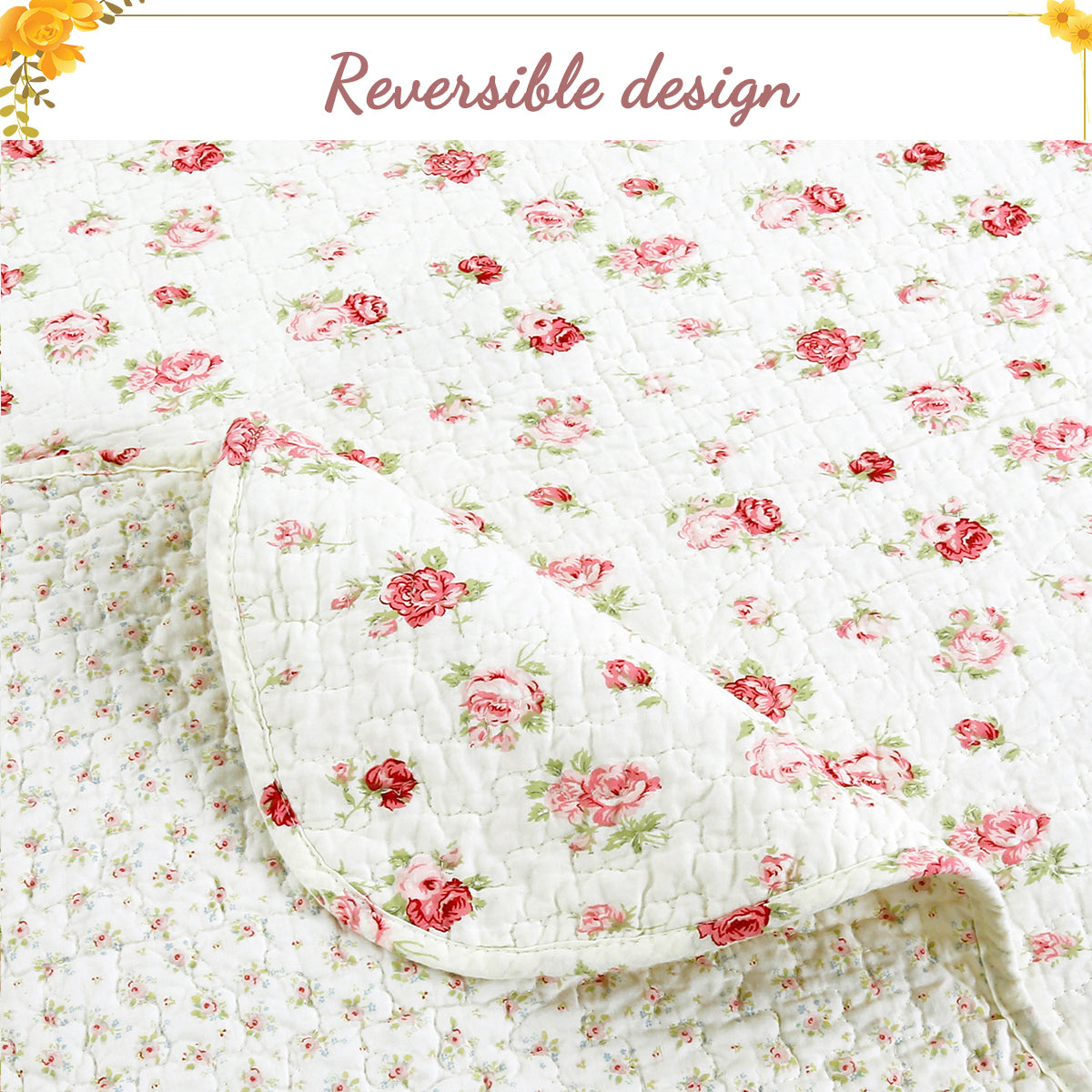 Pink Rose Garden Floral Cotton 3-piece Reversible Quilt Bedding Set