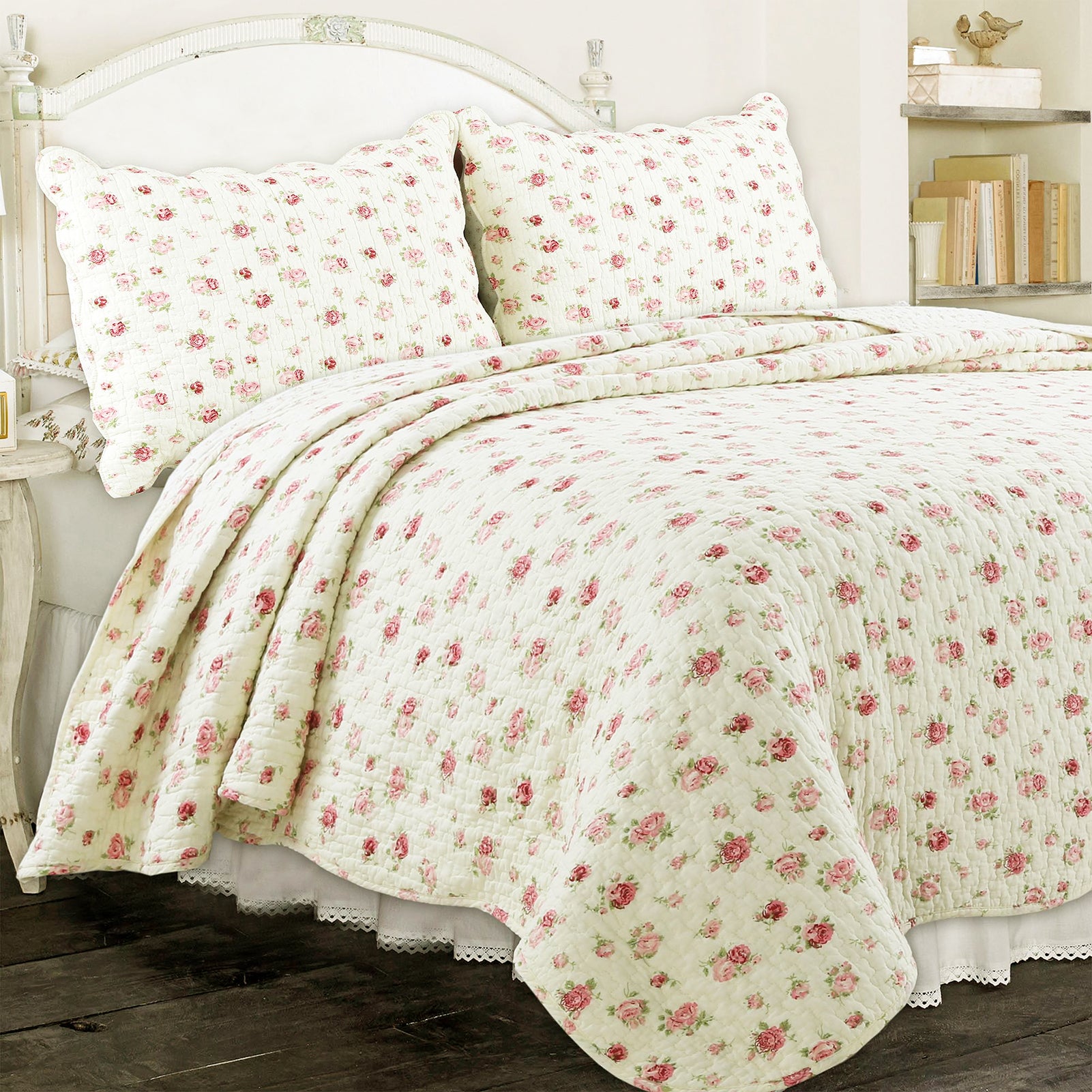 Pink Rose Garden Floral Cotton 3-piece Reversible Quilt Bedding Set ...