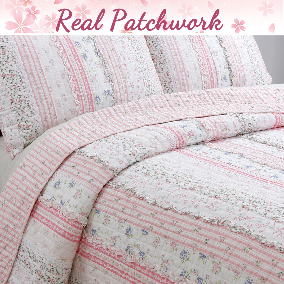 Romantic Chic Lace Ruffle Pink Real Patchwork Cotton Reversible Quilt Bedding Set