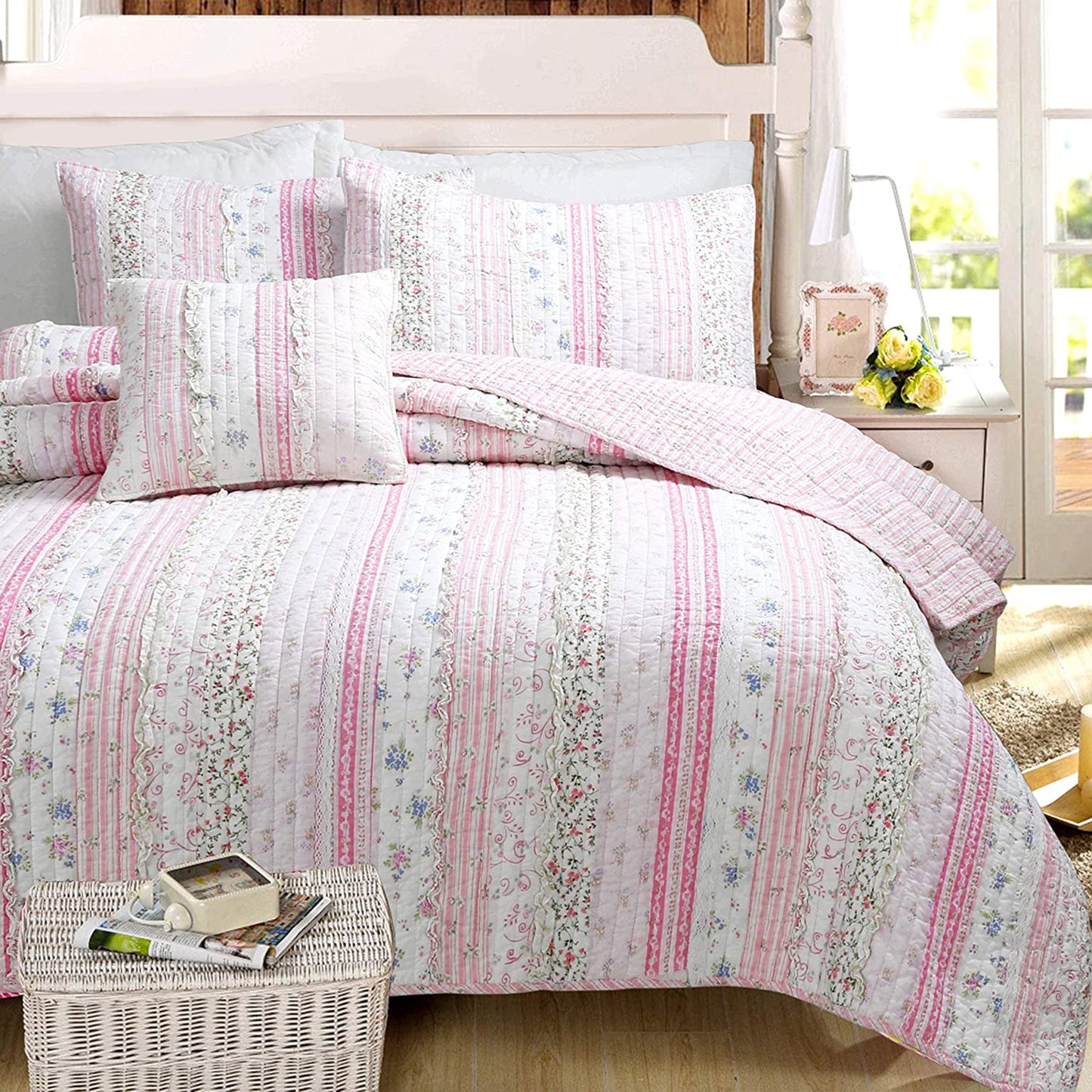 Romantic Chic Lace Ruffle Pink Real Patchwork Cotton Reversible Quilt Bedding Set