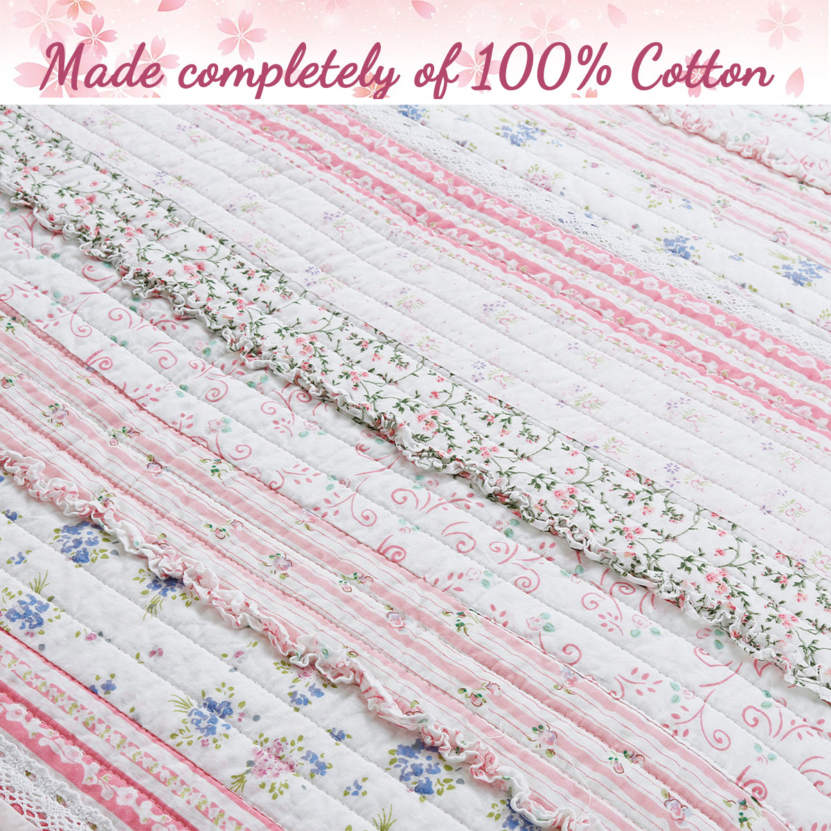 Romantic Chic Lace Ruffle Pink Real Patchwork Cotton Reversible Quilt Bedding Set