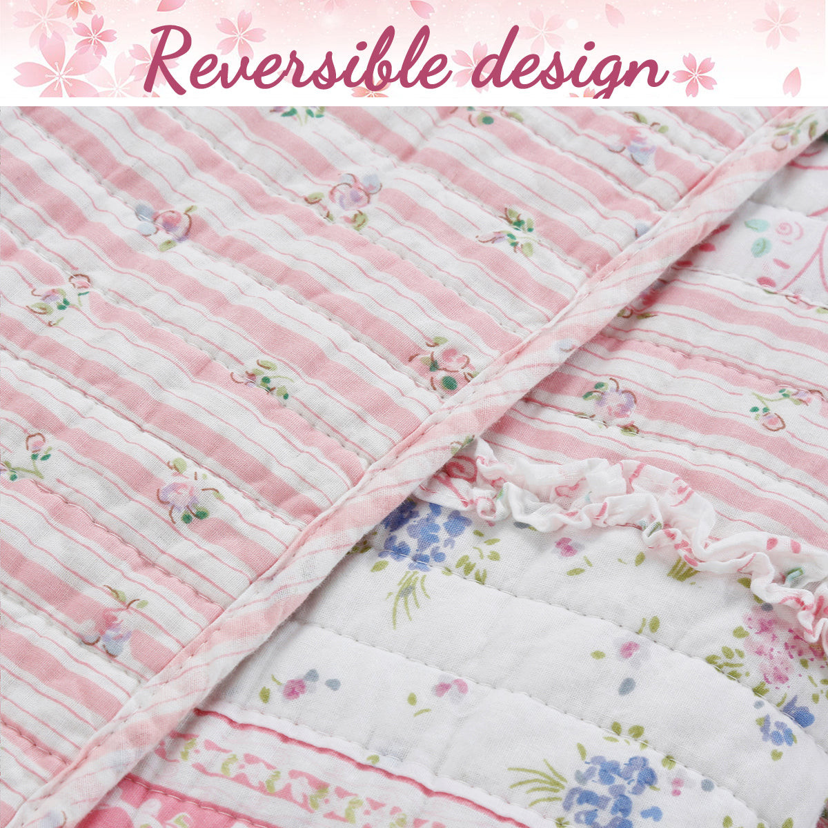Romantic Chic Lace Ruffle Pink Real Patchwork Cotton Reversible Quilt Bedding Set