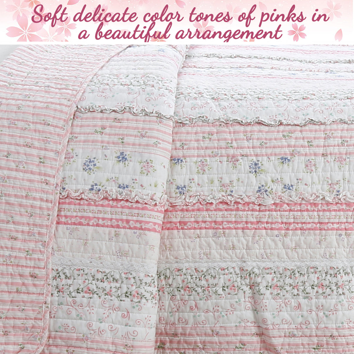 Romantic Chic Lace Ruffle Pink Real Patchwork Cotton Reversible Quilt Bedding Set