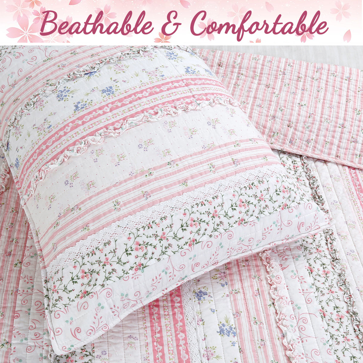 Romantic Chic Lace Ruffle Pink Real Patchwork Cotton Reversible Quilt Bedding Set