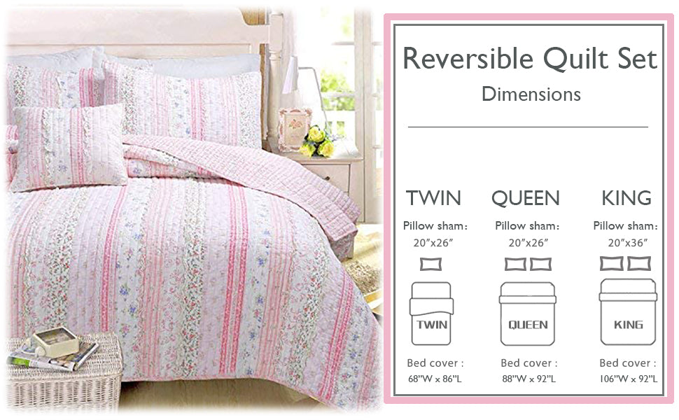 Romantic Chic Lace Ruffle Pink Real Patchwork Cotton Reversible Quilt Bedding Set