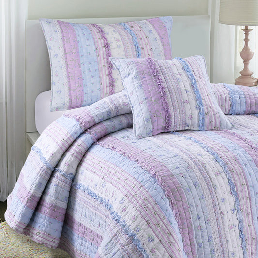 Romantic Chic Lace Ruffle Lavender Purple Real Patchwork Cotton Reversible Quilt Bedding Set