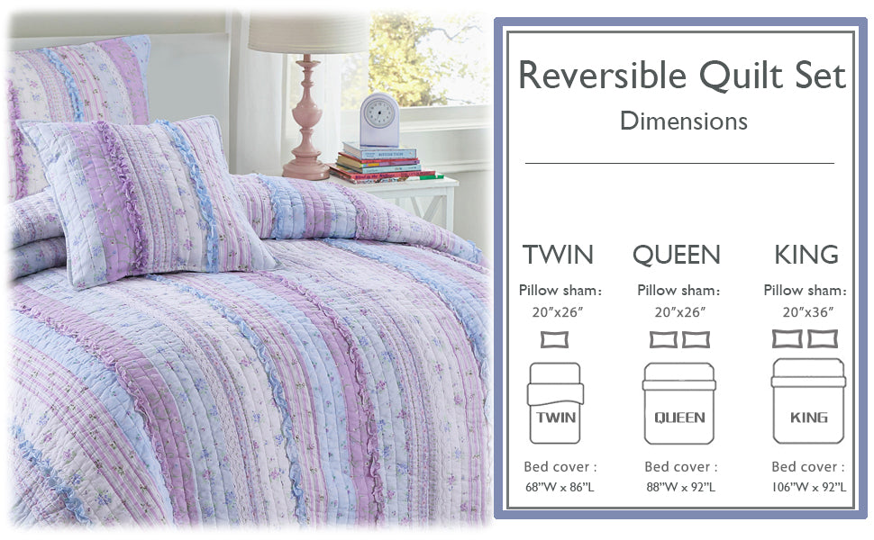 Romantic Chic Lace Ruffle Lavender Purple Real Patchwork Cotton Reversible Quilt Bedding Set