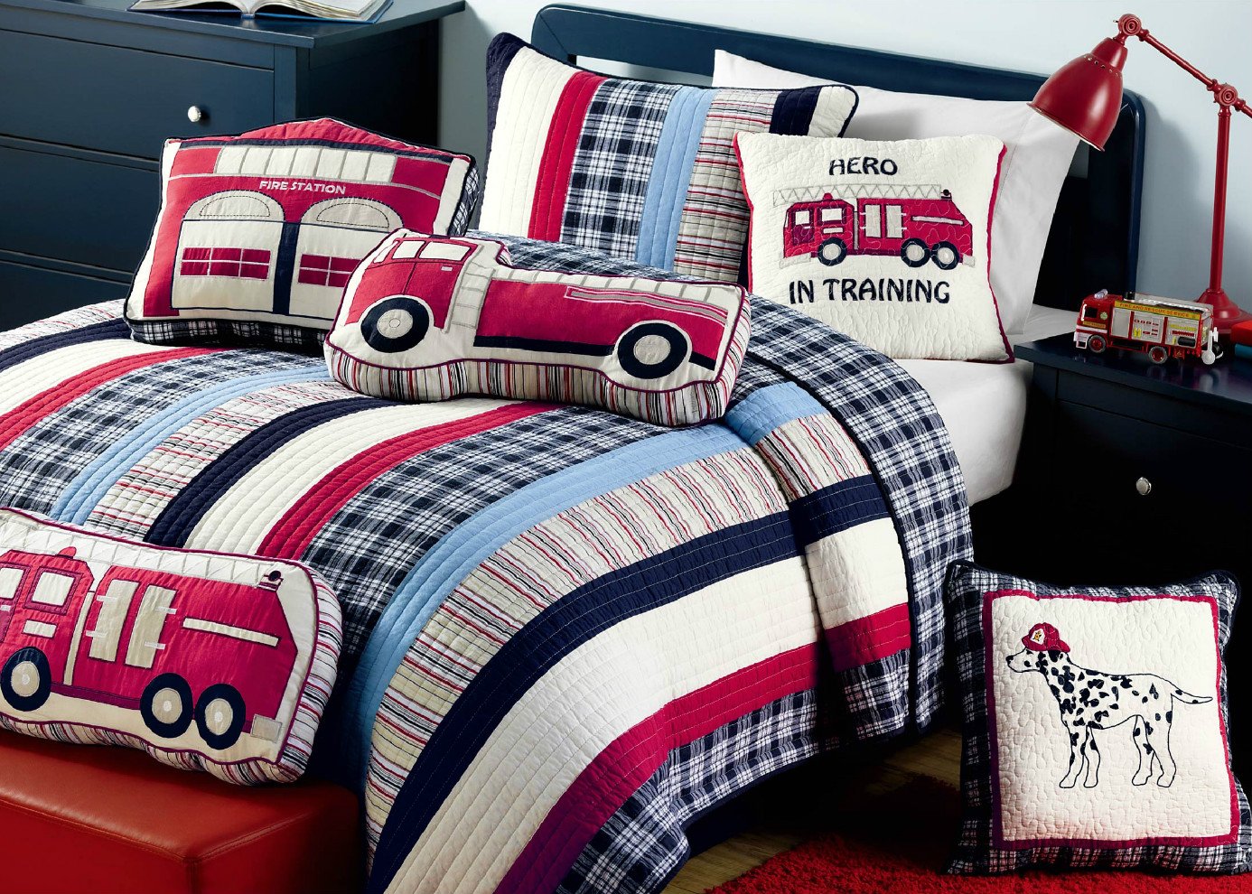 Ronnie Varsity Striped Fire Truck Novelty Decor Throw Pillow