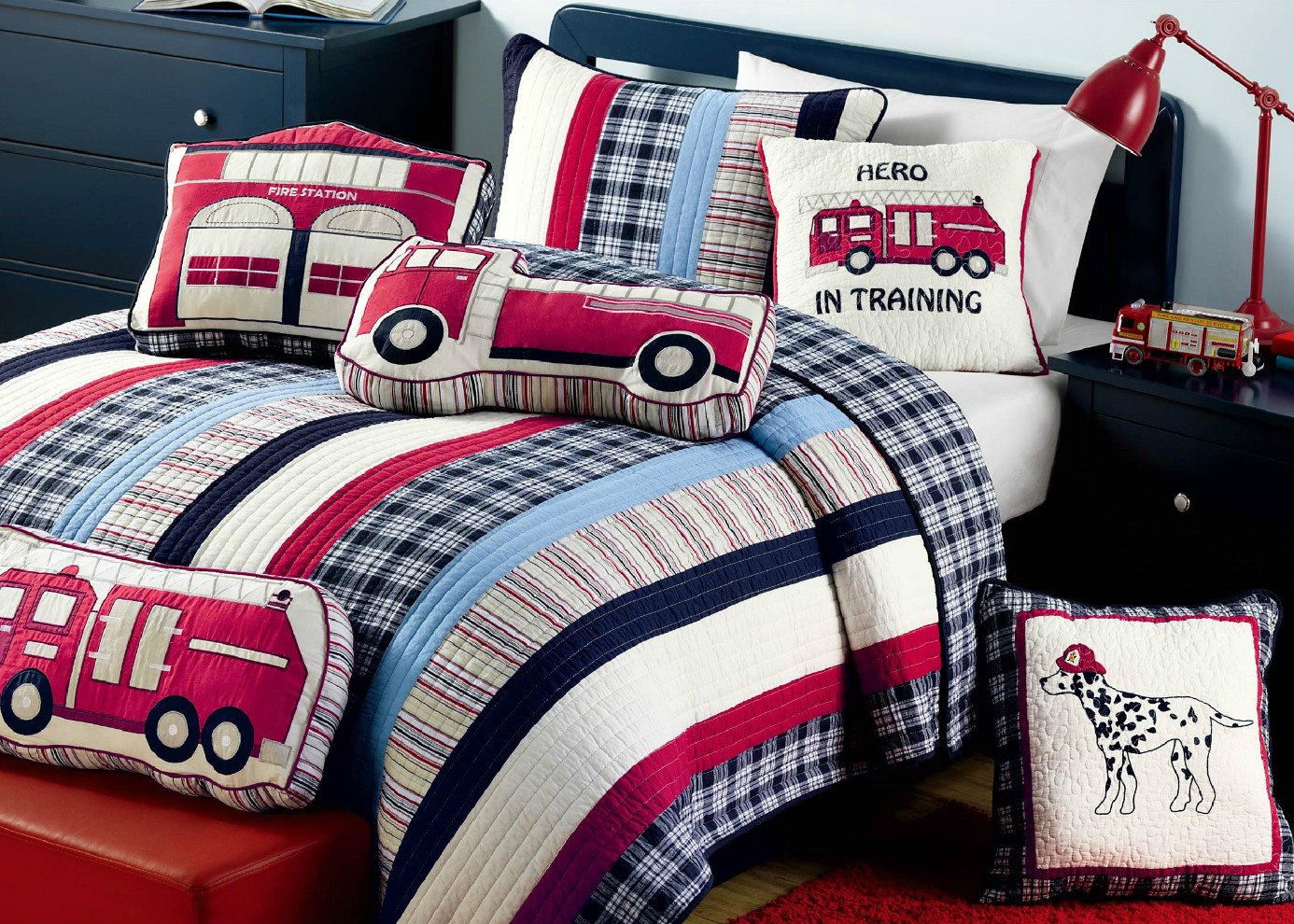 Ronnie Varsity Striped Fire Truck Classic Novelty Decor Throw Pillow