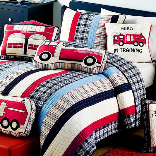 Ronnie Varsity Striped Fire Station Truck Cotton Reversible Quilt Bedding Set