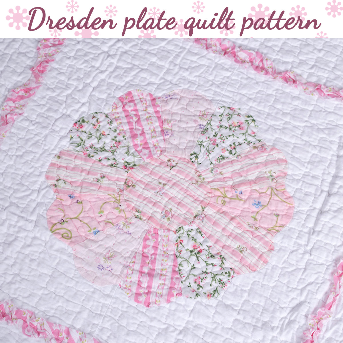 Daisy Field Floral Pink Ruffle Embroidery Garden Real Patchwork Cotton Reversible Quilt Bedding Set