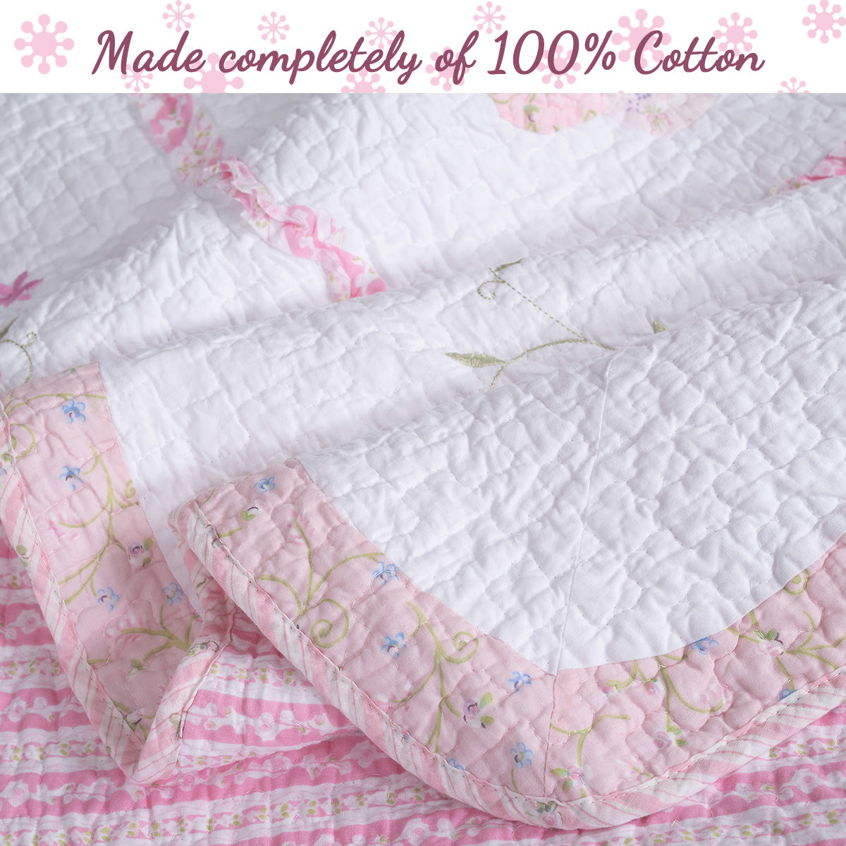 Daisy Field Floral Pink Ruffle Embroidery Garden Real Patchwork Cotton Reversible Quilt Bedding Set