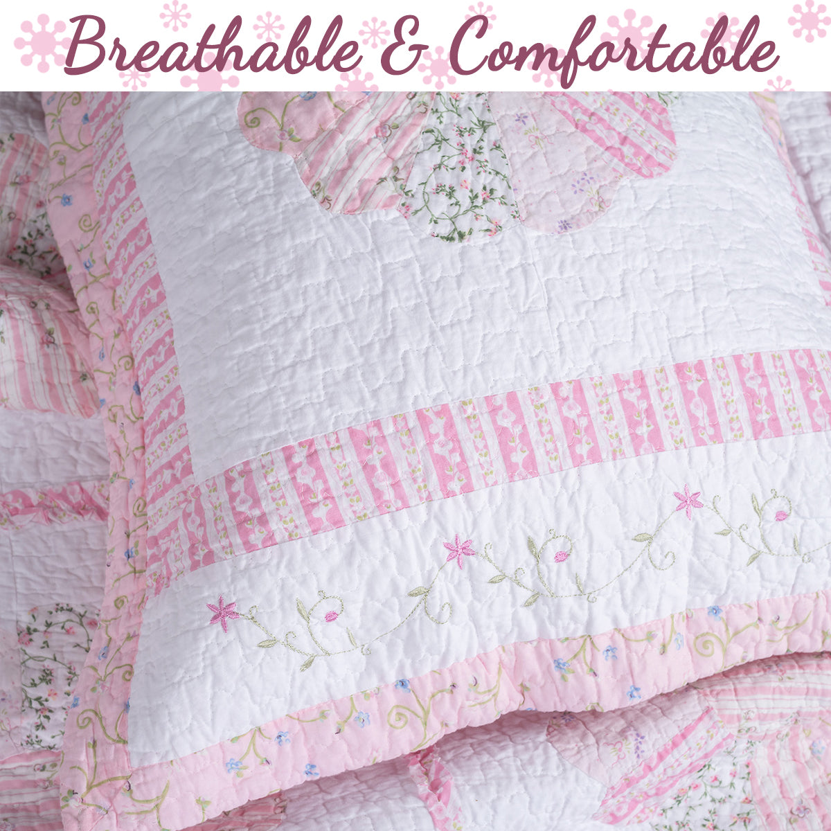 Daisy Field Floral Pink Ruffle Embroidery Garden Real Patchwork Cotton Reversible Quilt Bedding Set