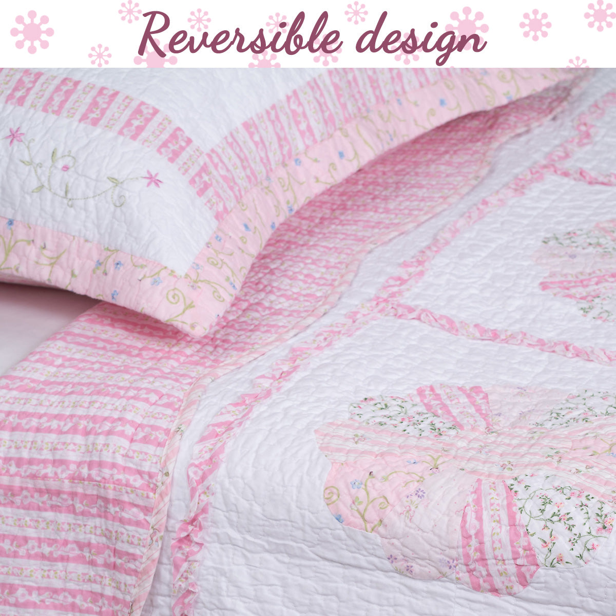 Daisy Field Floral Pink Ruffle Embroidery Garden Real Patchwork Cotton Reversible Quilt Bedding Set