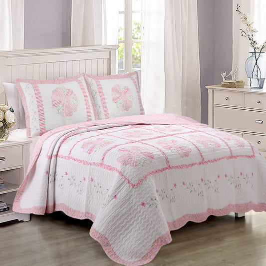 Daisy Field Floral Pink Ruffle Embroidery Garden Real Patchwork Cotton Reversible Quilt Bedding Set