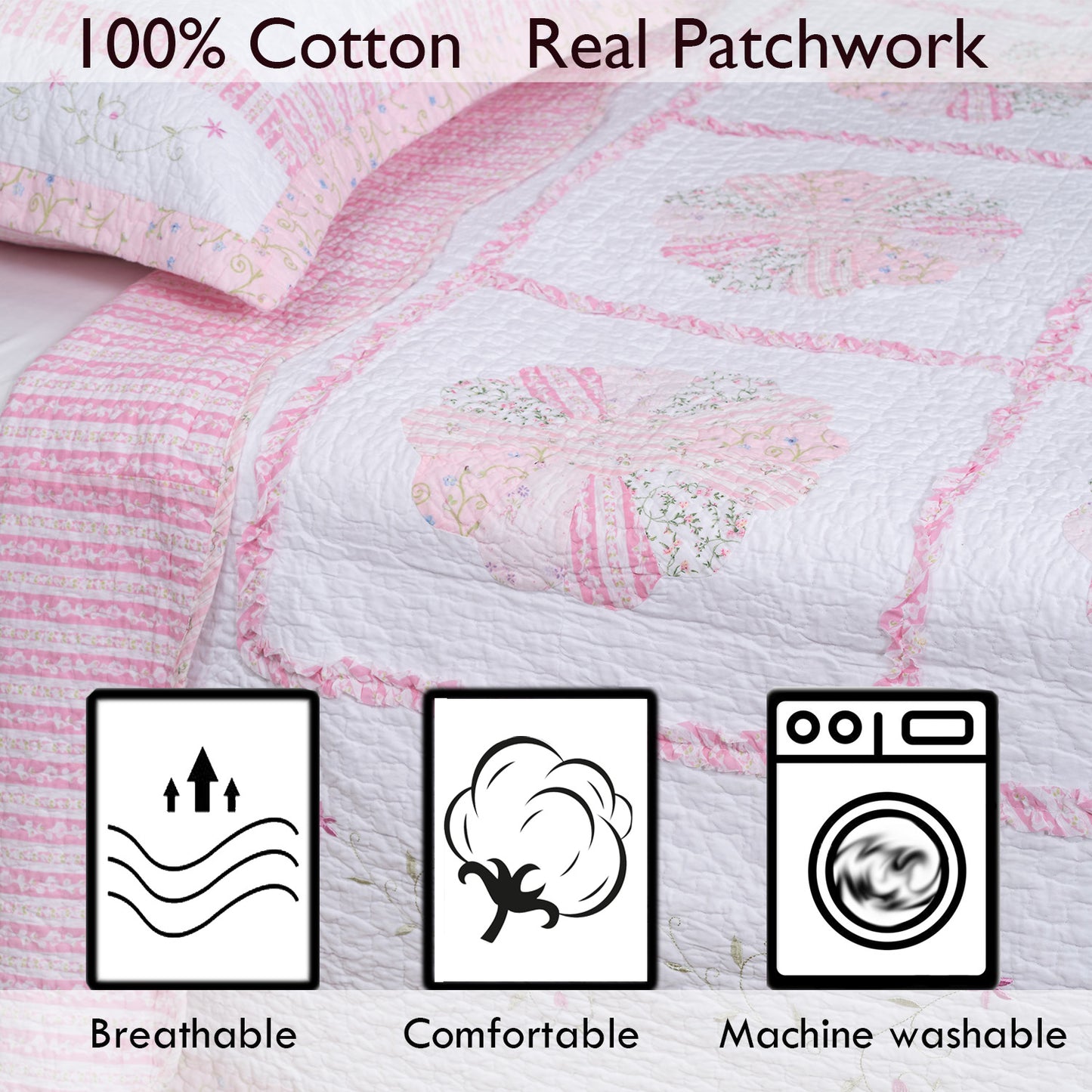 Daisy Field Floral Pink Ruffle Embroidery Garden Real Patchwork Cotton Reversible Quilt Bedding Set