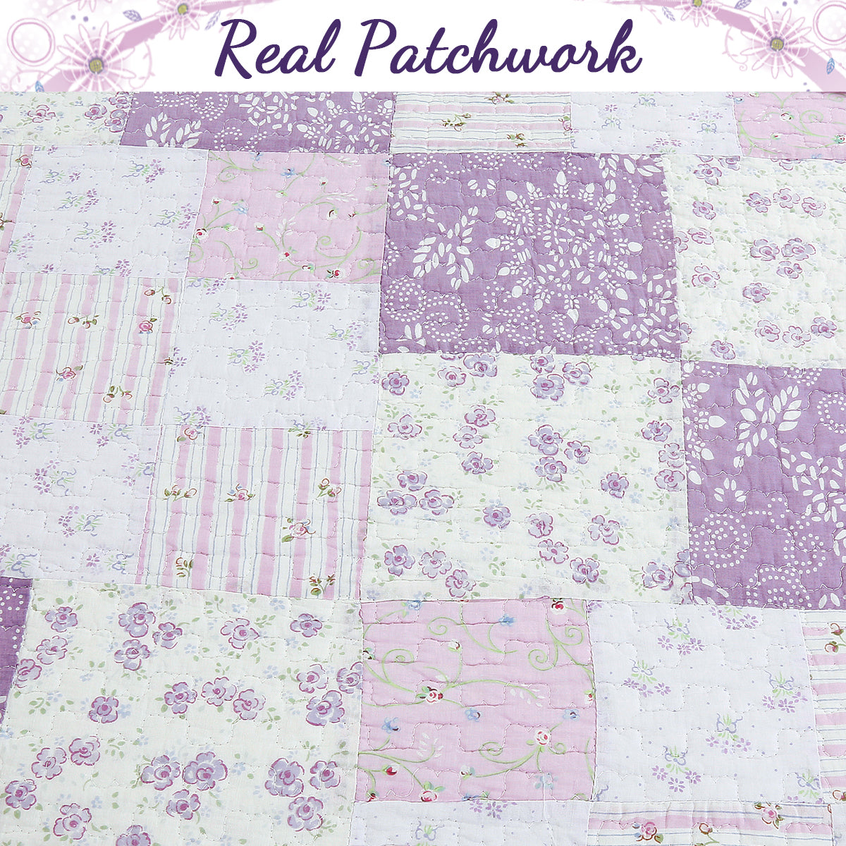 Love of Lilac Lavender Floral Real Patchwork Purple Scalloped Cotton 3-Piece Reversible Quilt Bedding Set