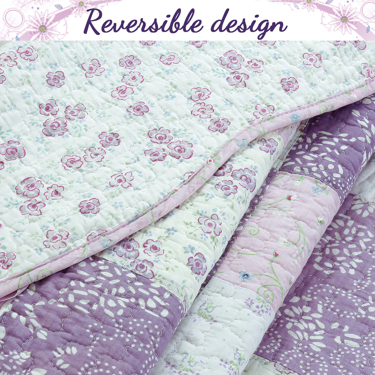 Love of Lilac Lavender Floral Real Patchwork Purple Scalloped Cotton 3-Piece Reversible Quilt Bedding Set