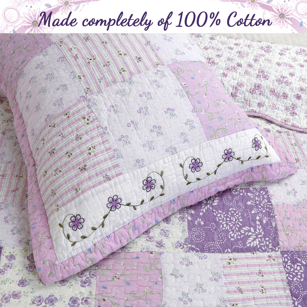 Love of Lilac Lavender Floral Real Patchwork Purple Scalloped Cotton 3-Piece Reversible Quilt Bedding Set