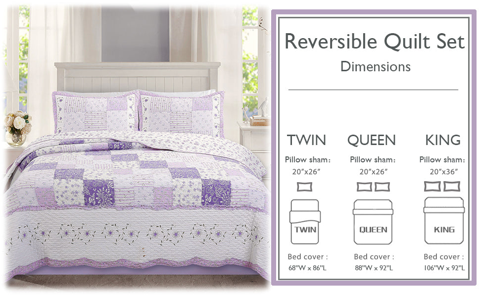 Love of Lilac Lavender Floral Real Patchwork Purple Scalloped Cotton 3-Piece Reversible Quilt Bedding Set