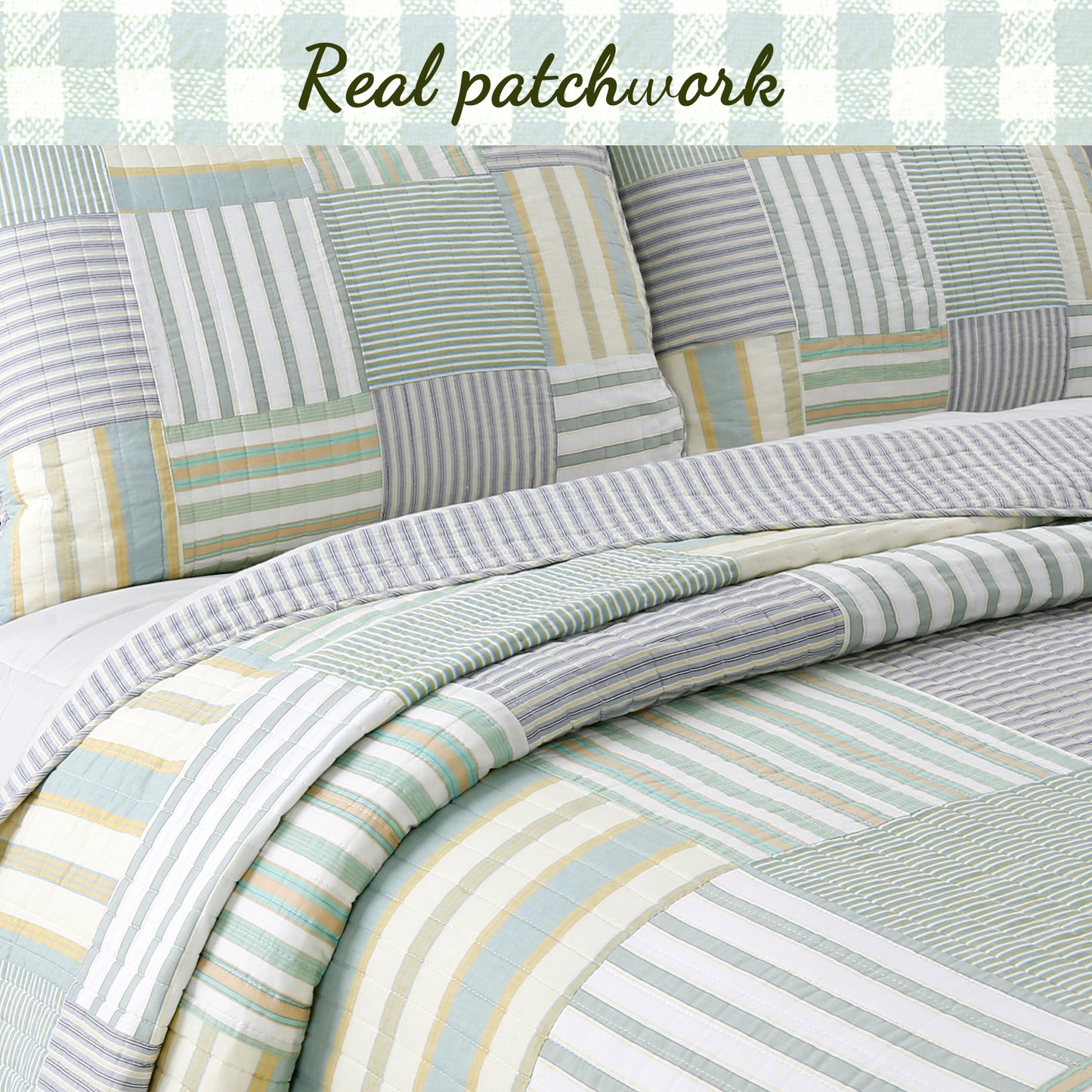 Spa Striped Real Patchwork Cotton Reversible Quilt Bedding Set