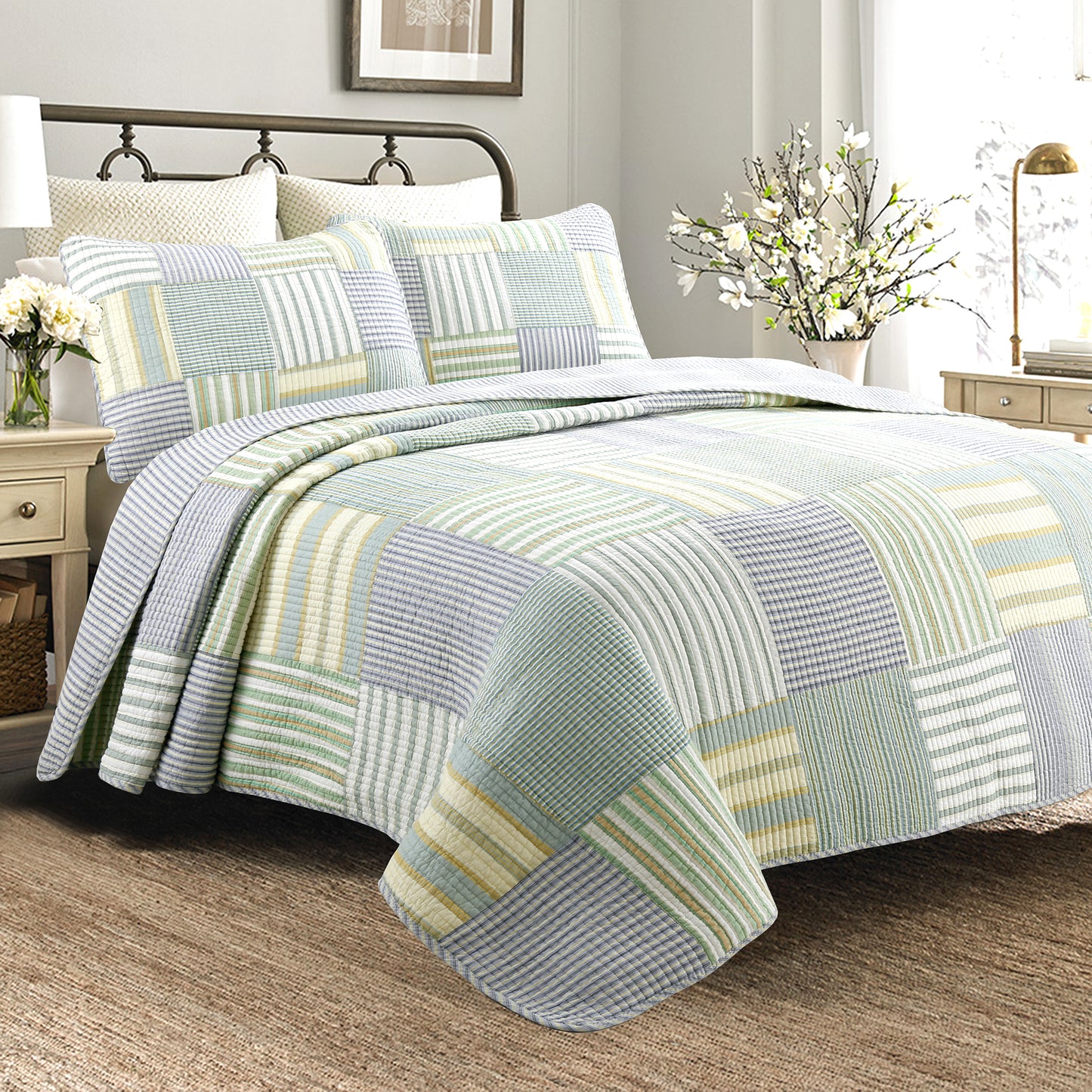 Spa Striped Real Patchwork Cotton Reversible Quilt Bedding Set